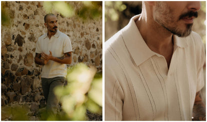 fit model wearing The Valencia Sweater Polo in Heather Oat