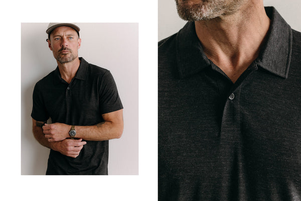 fit model wearing The Merino Polo in Heather Black