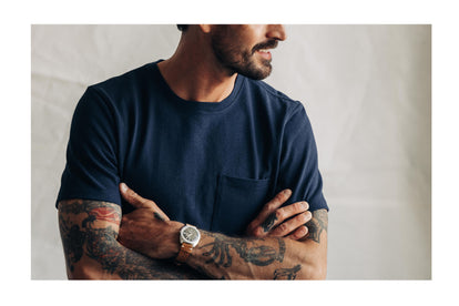 Model wearing The Heavy Bag Men's Heavyweight T-Shirt in Navy