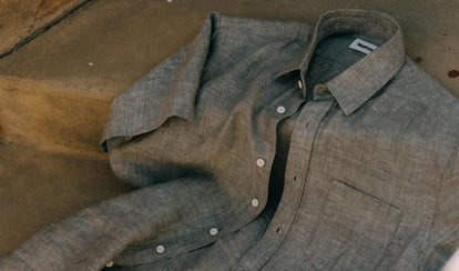 editorial image of The Short Sleeve California in Morel Hemp on stairs