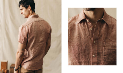 fit model posing in The Short Sleeve California in Fired Clay Hemp