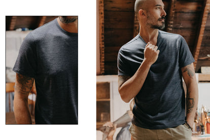 Model wearing the merino wool t-shirt in navy