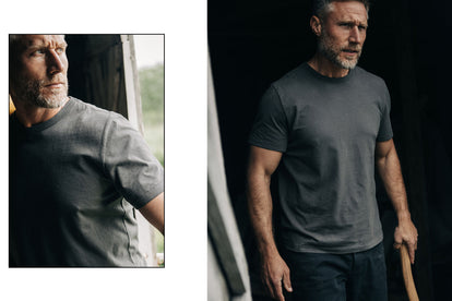 Model wearing the organic cotton t-shirt in faded black