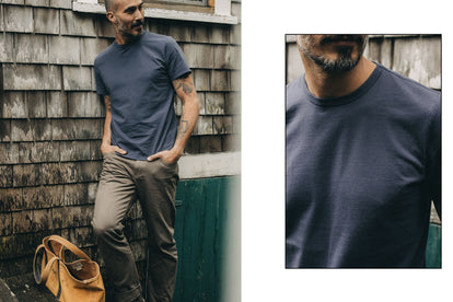 Model wearing The Organic Cotton T-Shirt in Navy