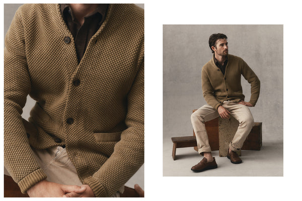 fit model wearing The Crawford Sweater in Bay Leaf
