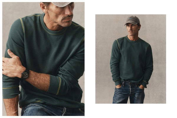 fit model posing in The Organic Cotton Crew in Fatigue Olive