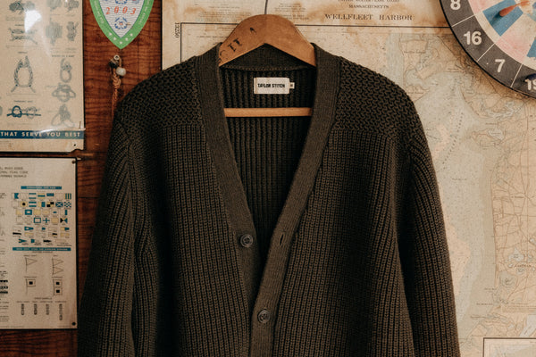 editorial image of The Mariner Cardigan in Heather Loden Slub hanging