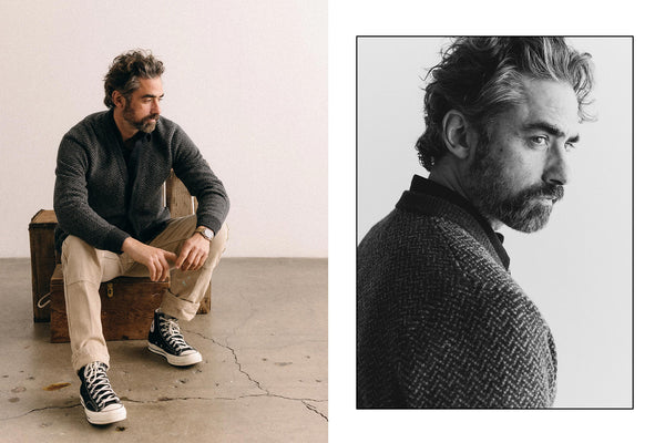 fit model posing in The Eddy Cardigan in Heather Grey Herringbone