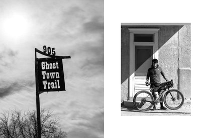 Diptych of the Ghost Town Trail sign and Yuri with his bike