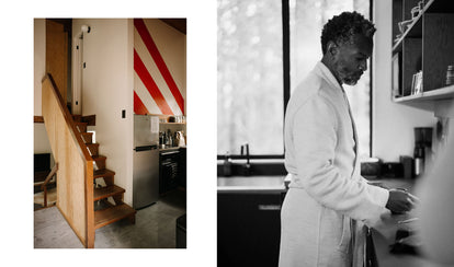 Diptych of model making coffee in Mini-Mod, and the wooden staircase indoors