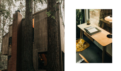 Diptych of Mini Mod exterior and a writing desk in the house