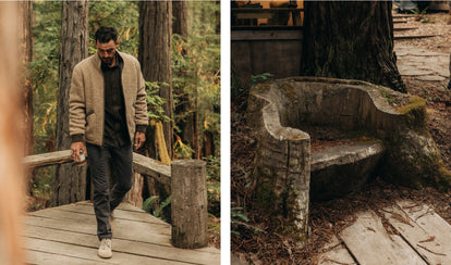 Model walking in the woods outside Mini Mod, and a wooden chair in the woods