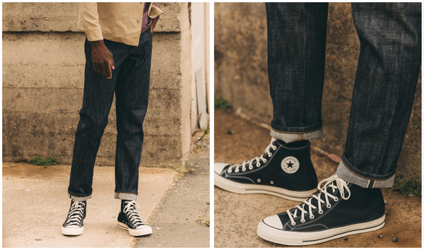 fit model posing in The Democratic Jean in Rigid Organic Selvedge