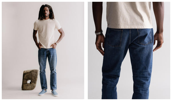 fit model sitting wearing The Democratic jean in Mid Wash Organic Selvedge