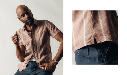 fit model posing in The Hawthorne in Dried Fig Stripe