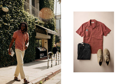 fit model walking next to a flatlay of The Conrad Shirt in Fired Brick Dobby