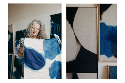 editorial image of Carrie Crawford working on indigo dye