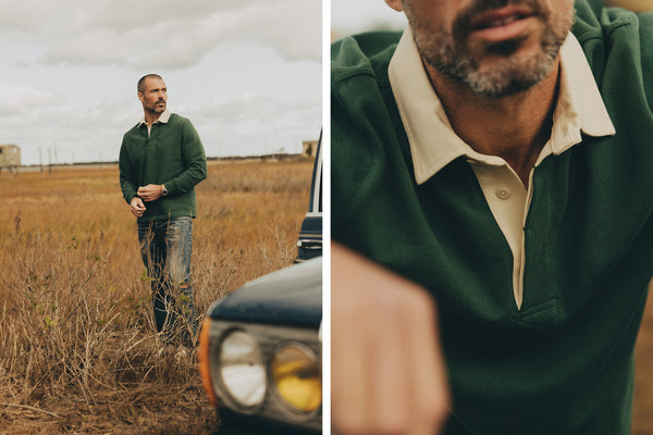Model wearing The Rugby Shirt with pants while walking on the beach