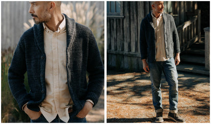 fit model posing in The Mariner Shawl Cardigan in Ink Slub