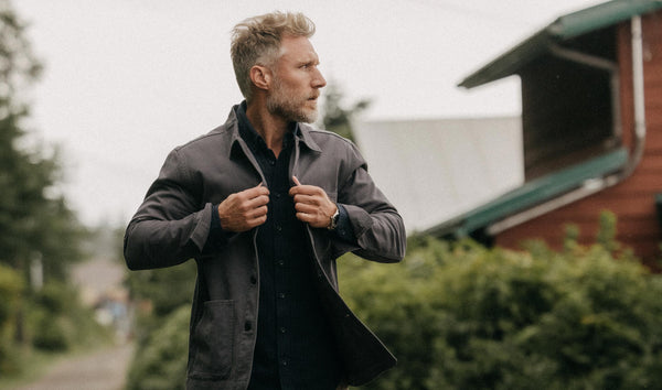 fit model posing in The Ojai Jacket in Organic Charcoal Foundation Twill