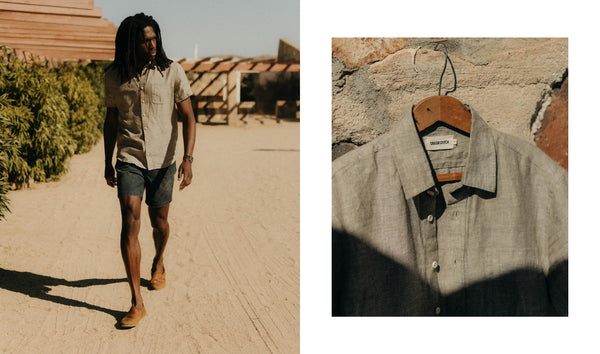 fit model walking wearing The Short Sleeve California in Morel Hemp