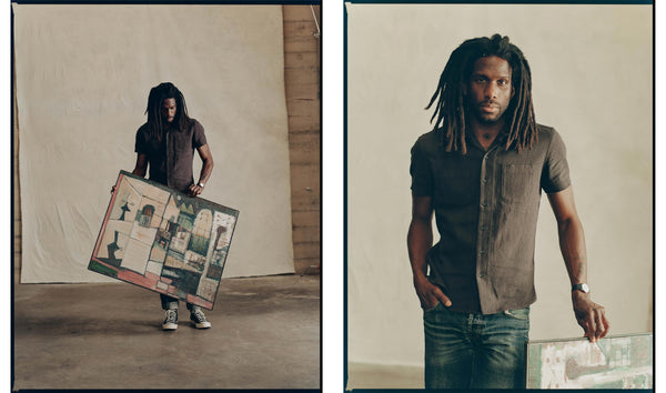 fit model walking wearing The Conrad Shirt in Faded Black Linen