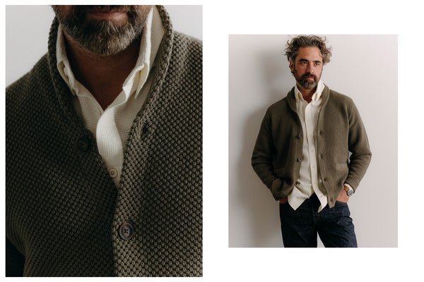 fit model wearing The Crawford Sweater in Fatigue Olive