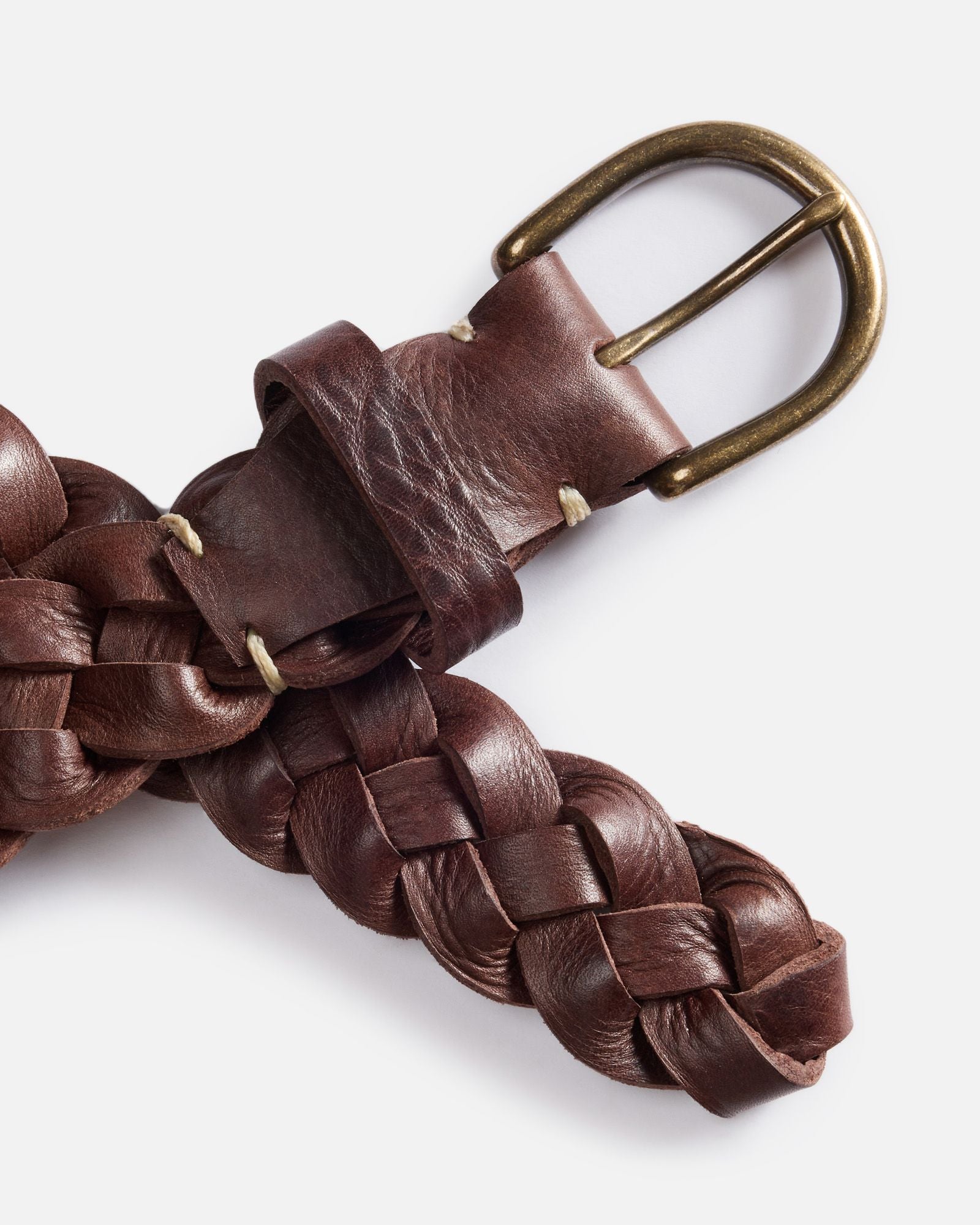 editorial image of the buckle and end of belt on The Braided Belt in Dark Brown, Accessories by Taylor Stitch