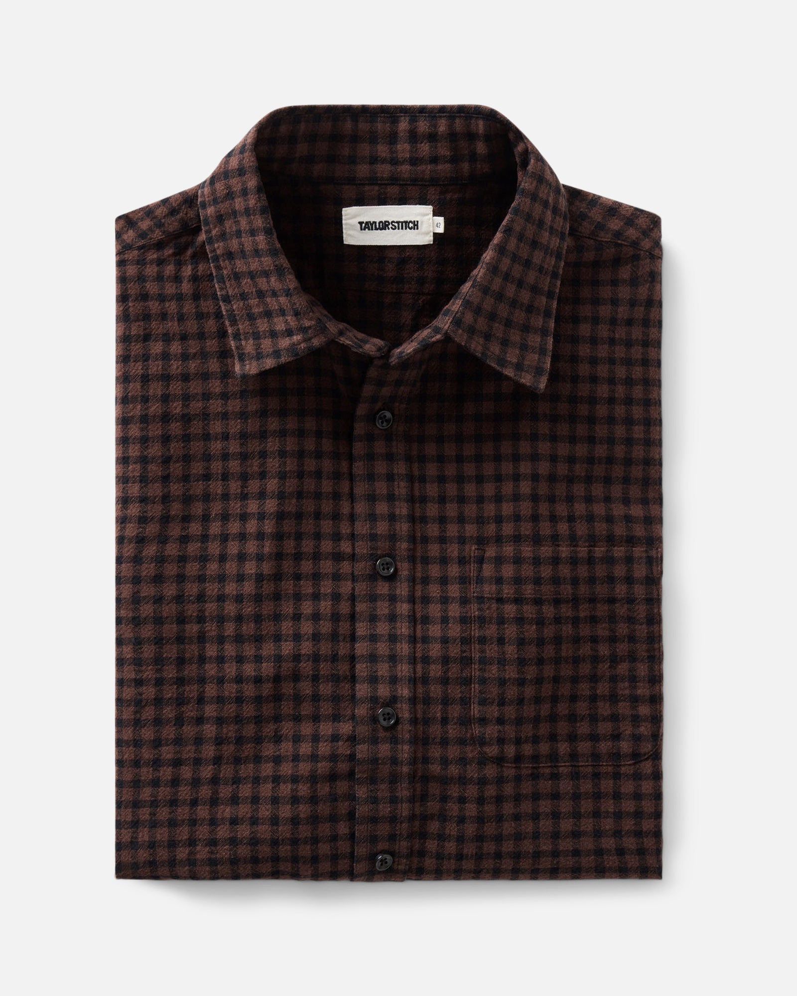 folded flatlay of The California Shirt in Black Cherry Gingham, Wovens by Taylor Stitch