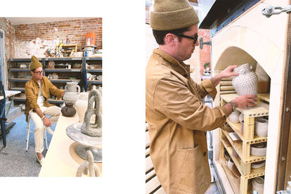 Brian Manger displaying his ceramic artwork in his studio.