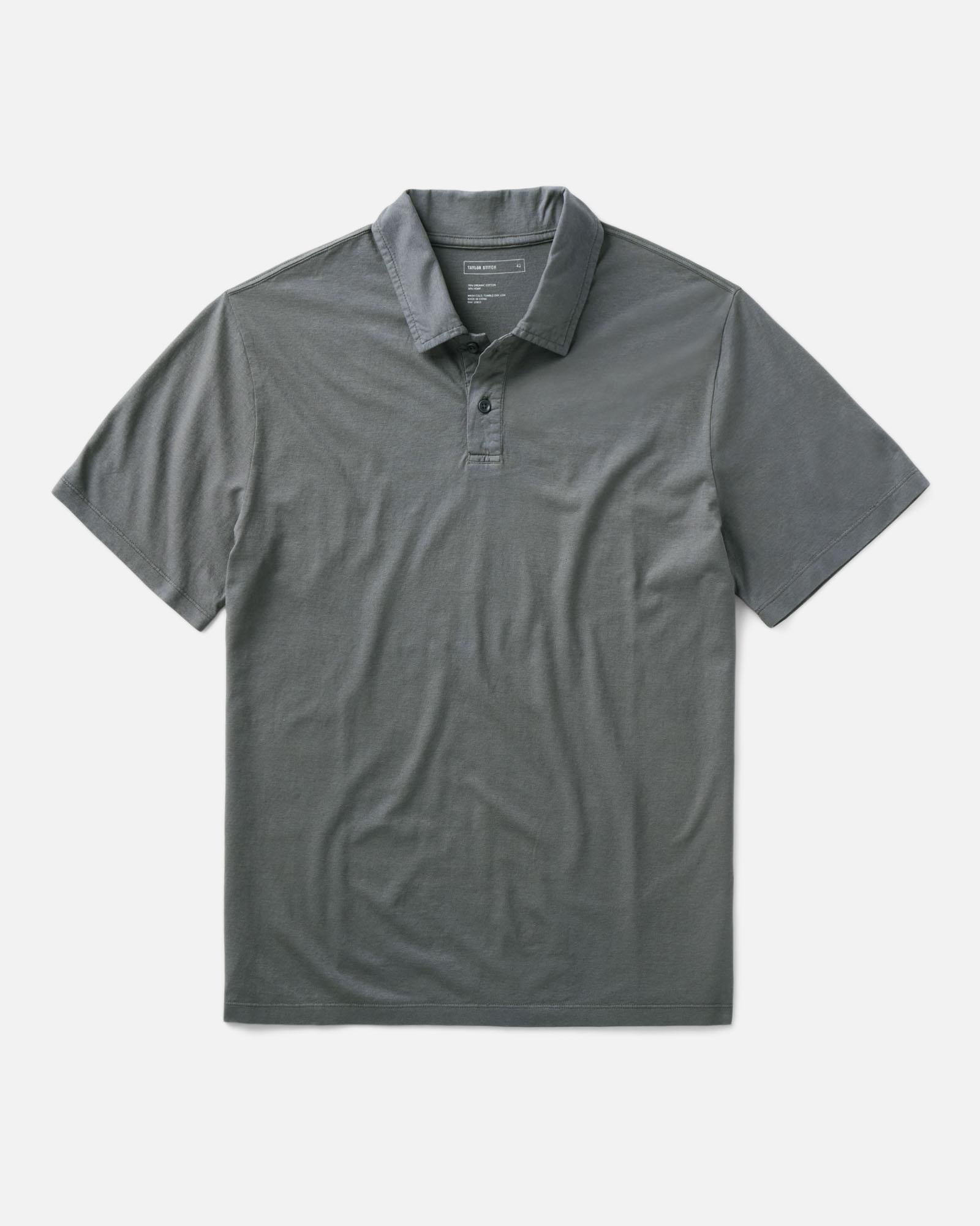 flatlay of The Cotton Hemp Polo in Faded Black, Knits by Taylor Stitch