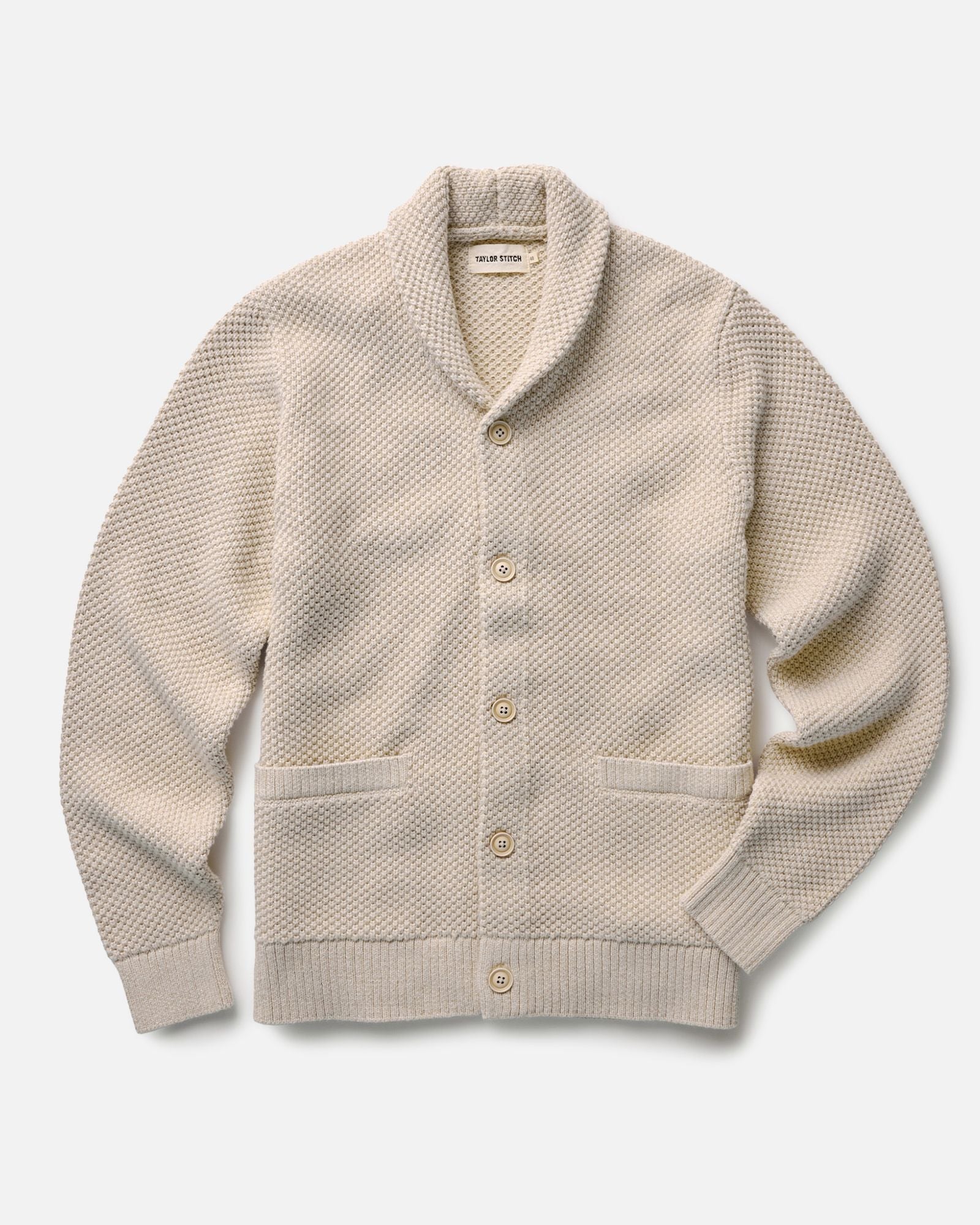 flatlay of The Crawford Cardigan Sweater in Marled Natural, Sweaters by Taylor Stitch