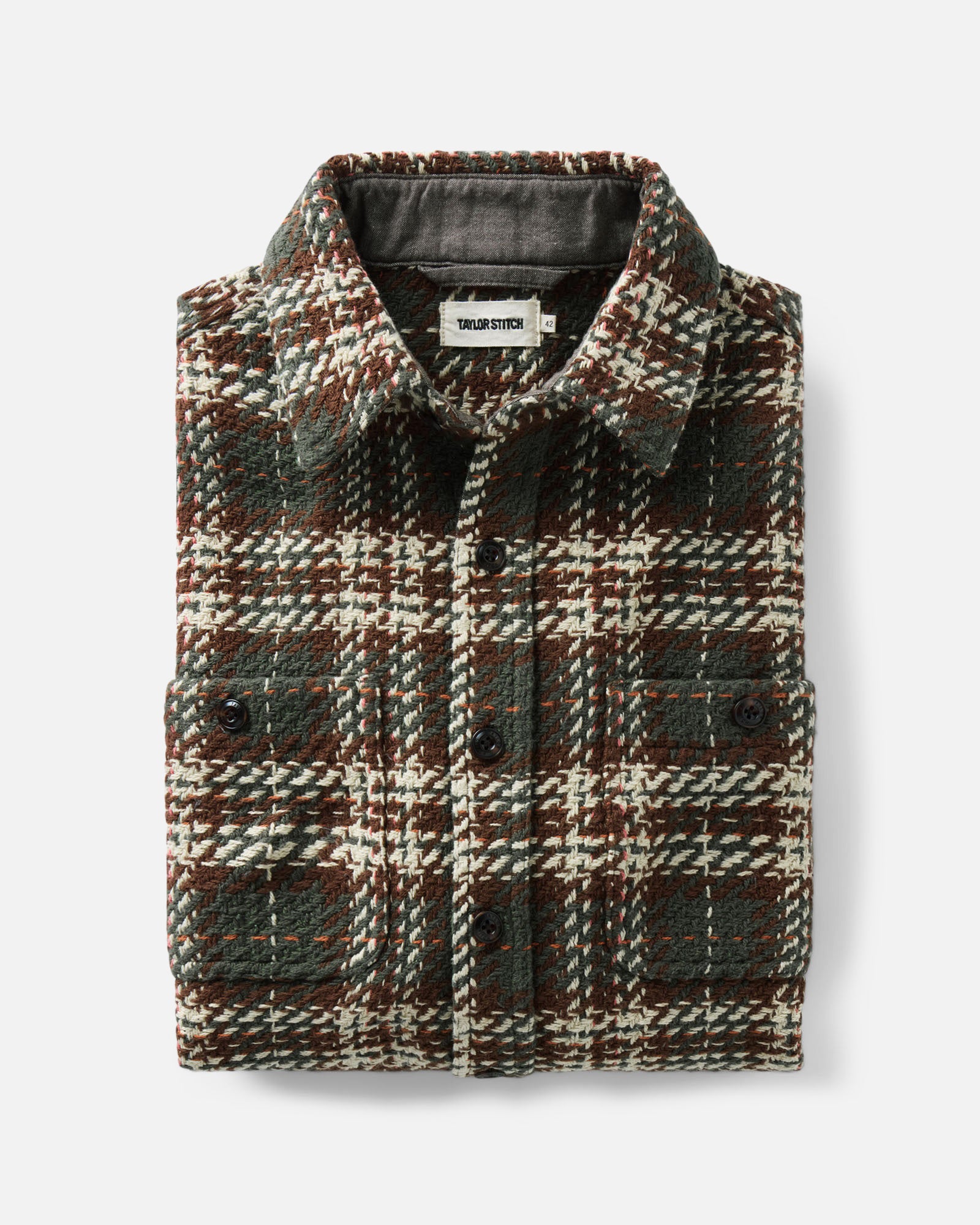 folded flatlay of The Cutter Overshirt in Buzzard Check, Wovens by Taylor Stitch