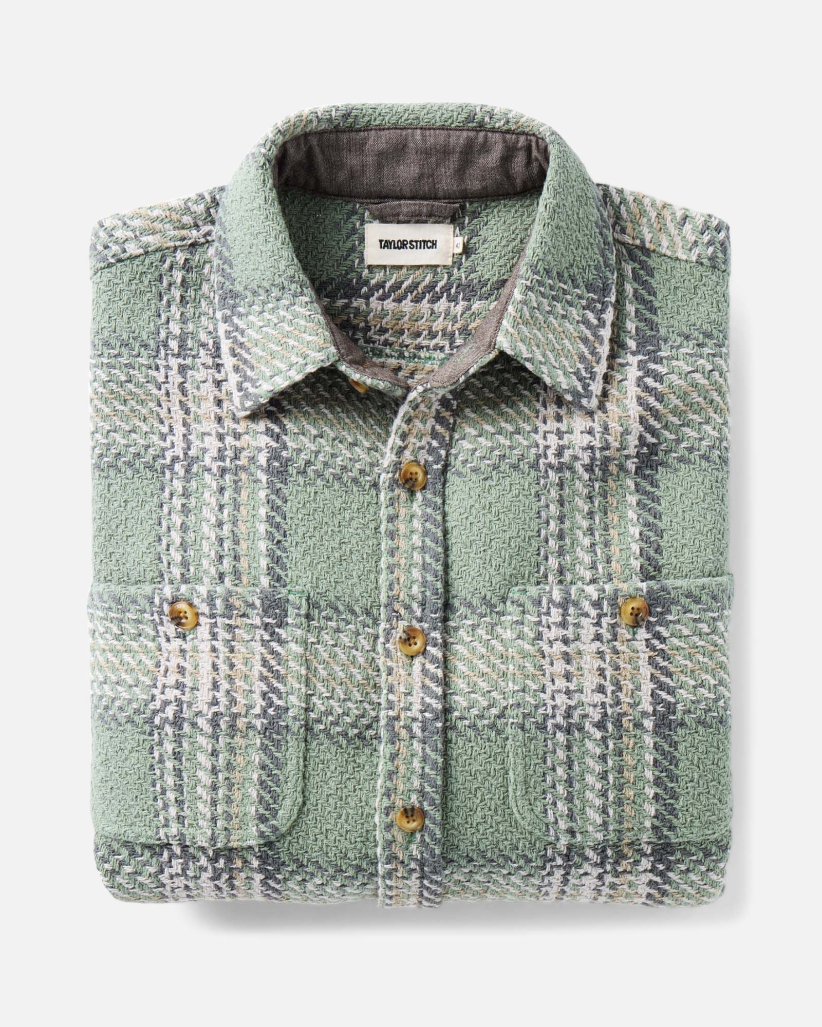 flatlay of The Cutter Overshirt in Sage Plaid, Wovens by Taylor Stitch