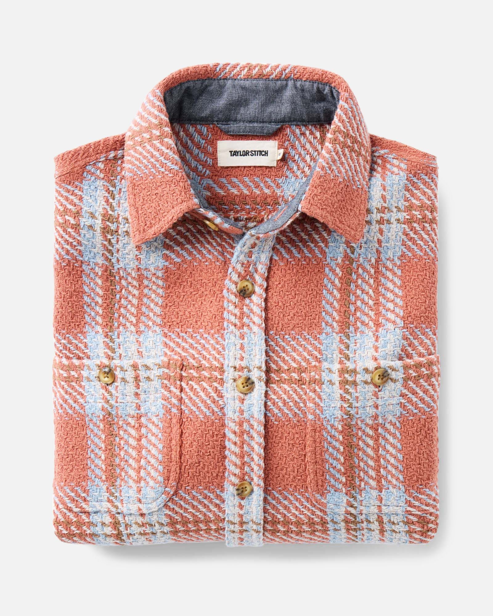 flatlay of The Cutter Overshirt in Salmon Plaid, Wovens by Taylor Stitch