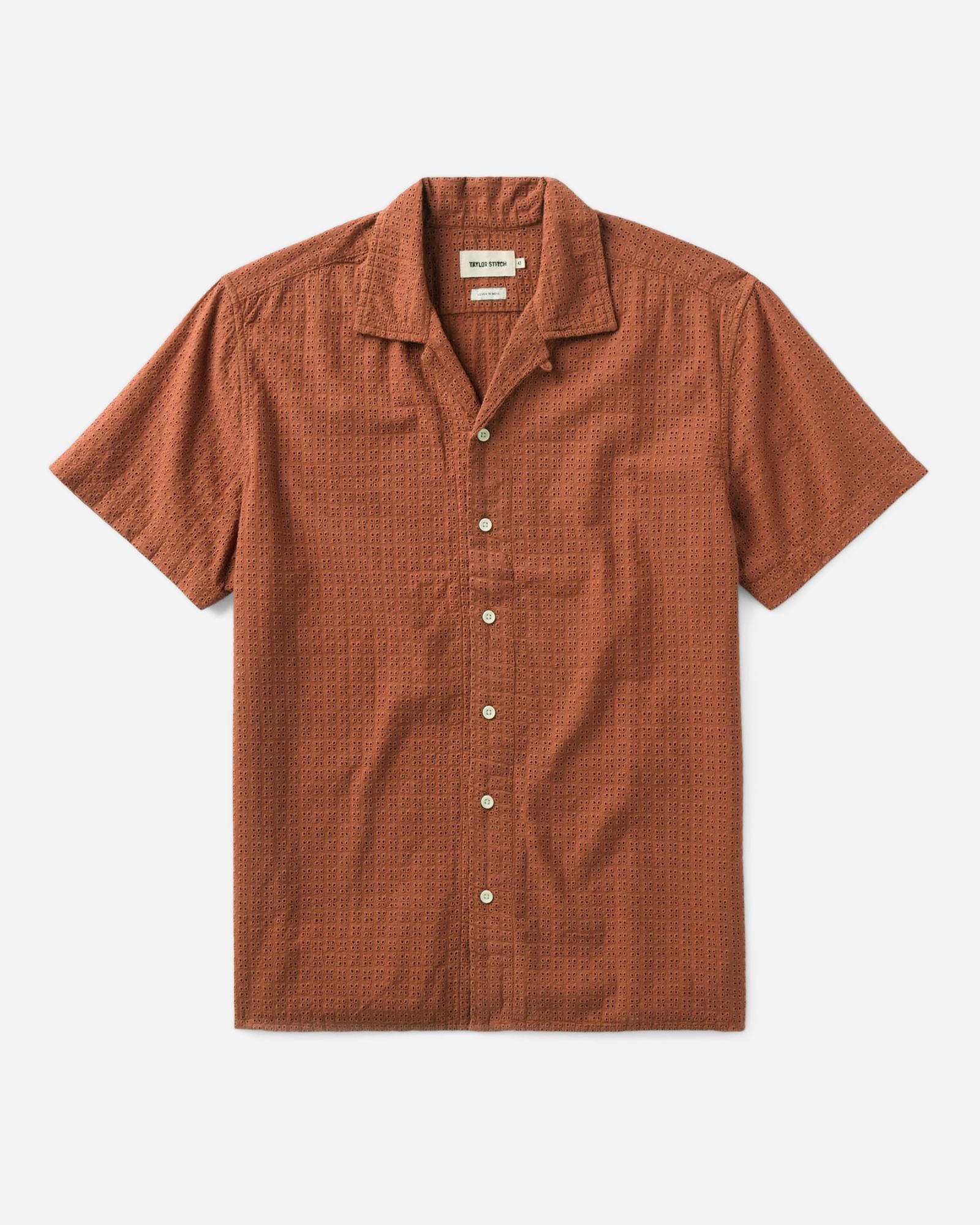 flatlay of The Davis Shirt in Driftwood Eyelet, Wovens by Taylor Stitch