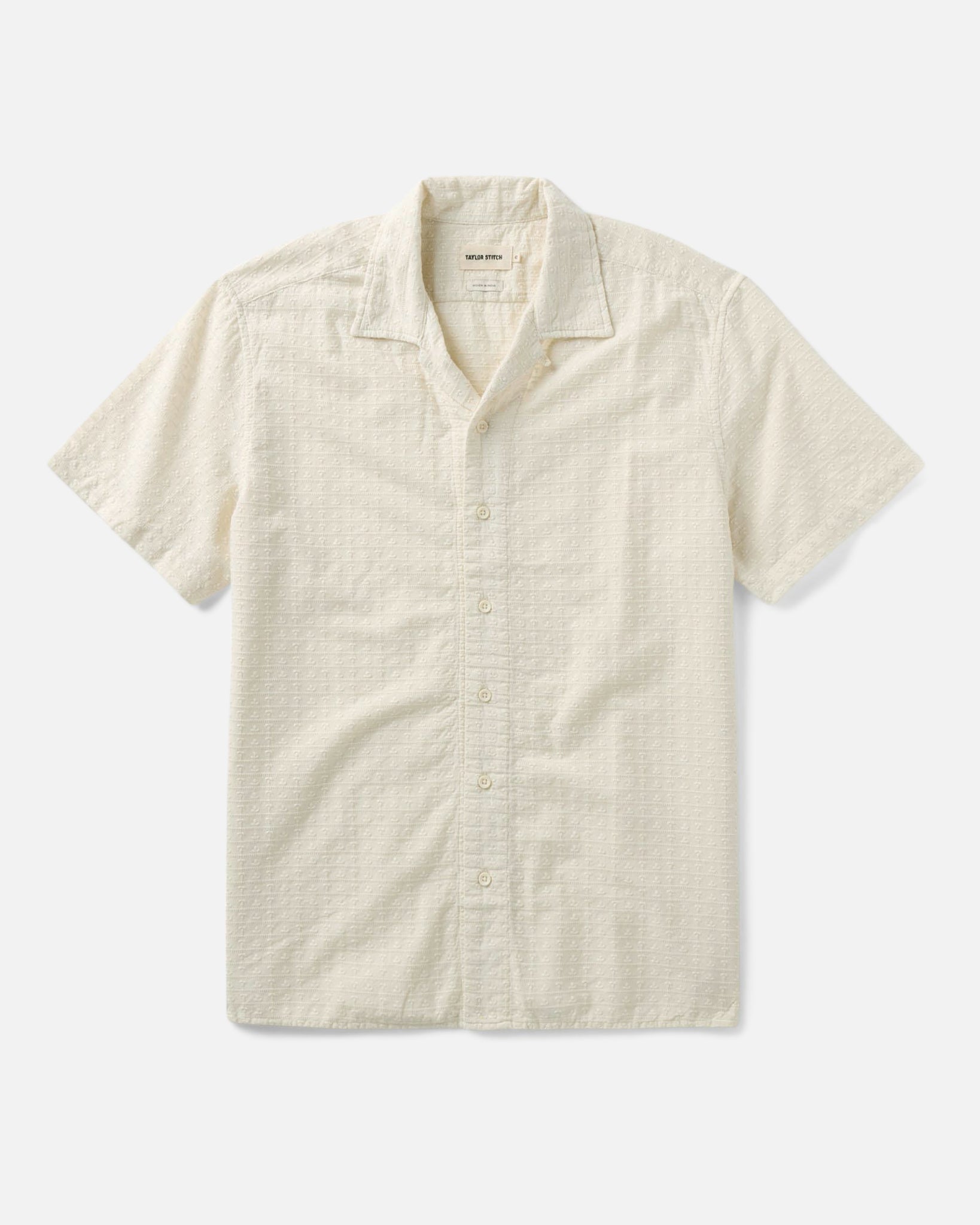 flatlay of The Davis Shirt in Vintage White Embroidered Stripe, Wovens by Taylor Stitch