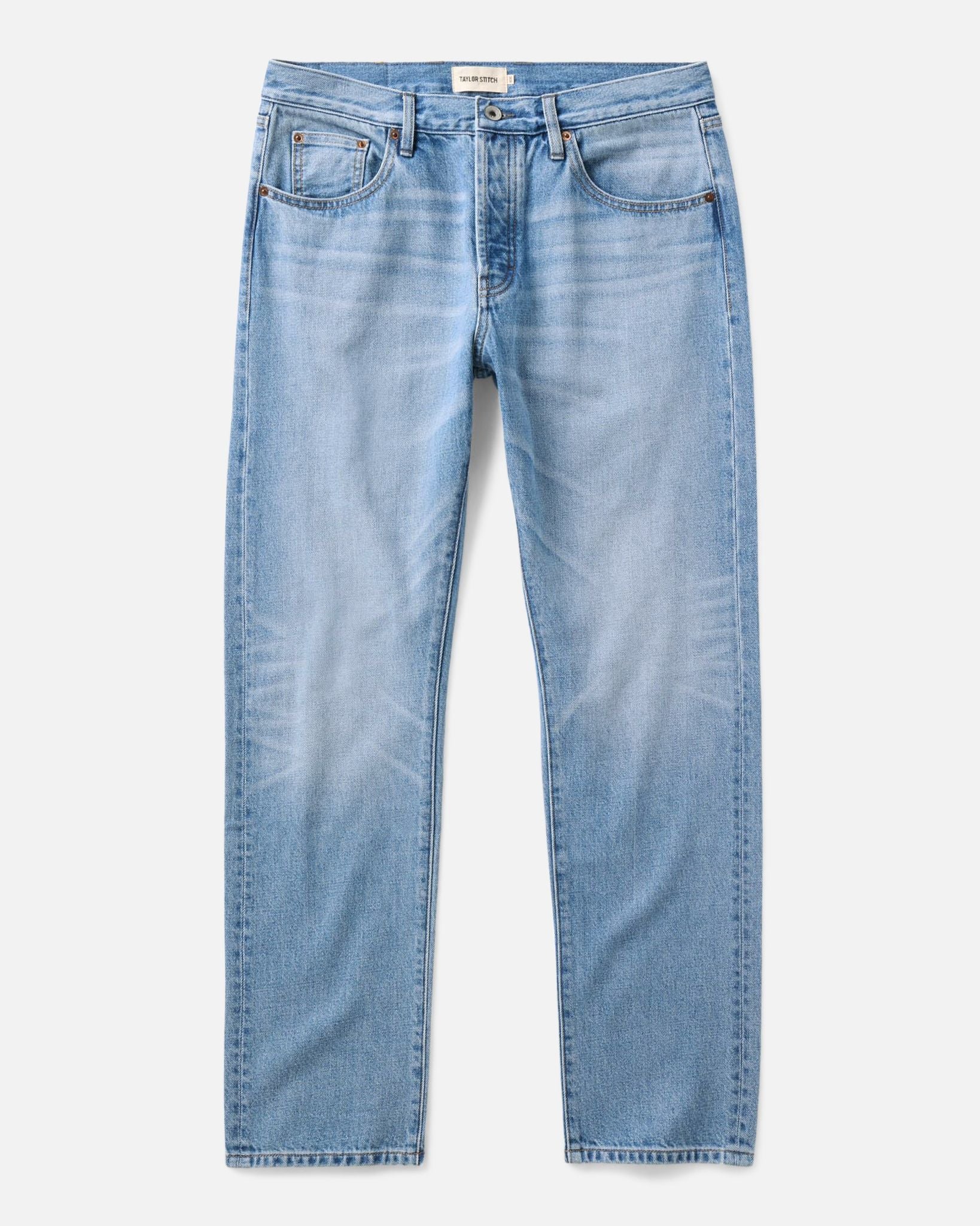 flatlay of The Democratic Jean in Light Wash Hemp Denim, Bottoms by Taylor Stitch