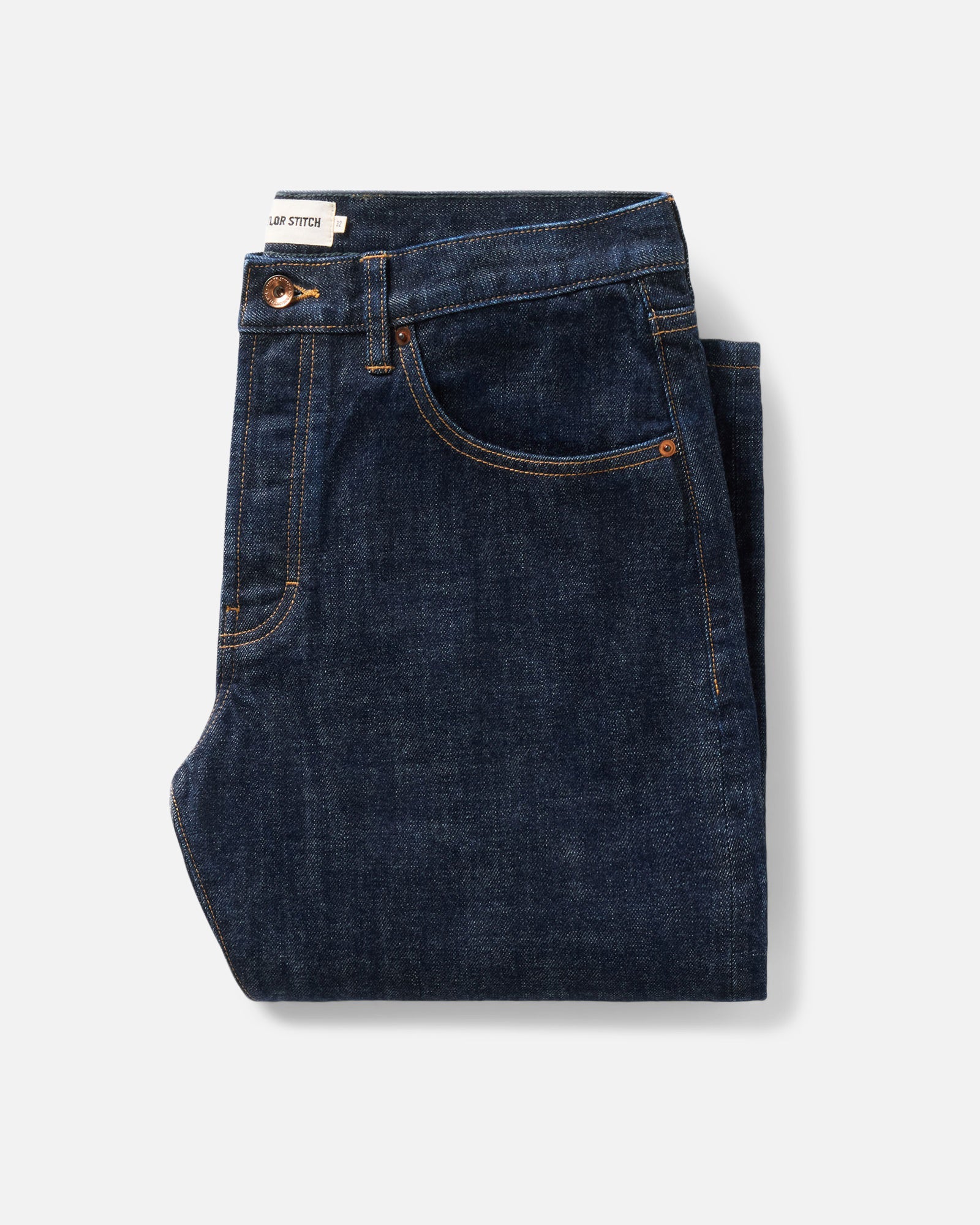 folded flatlay of The Democratic Jean in Rinsed Organic Selvedge, Bottoms by Taylor Stitch