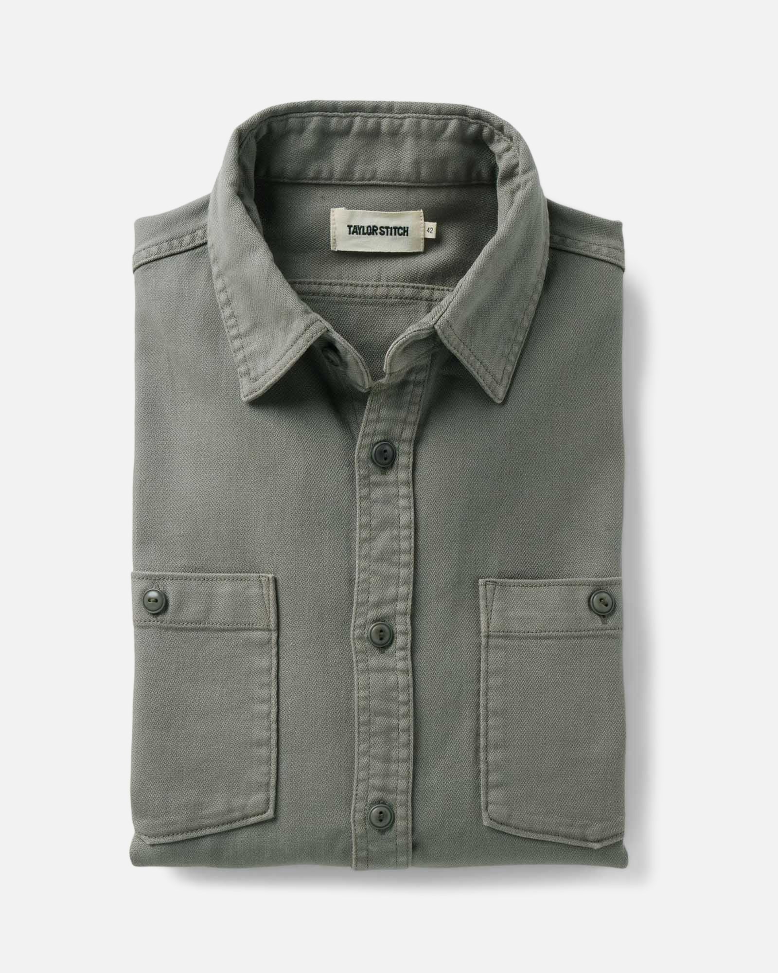 folded flatlay of The Dispatch Shirt in Smoked Olive Broken Twill, Wovens by Taylor Stitch