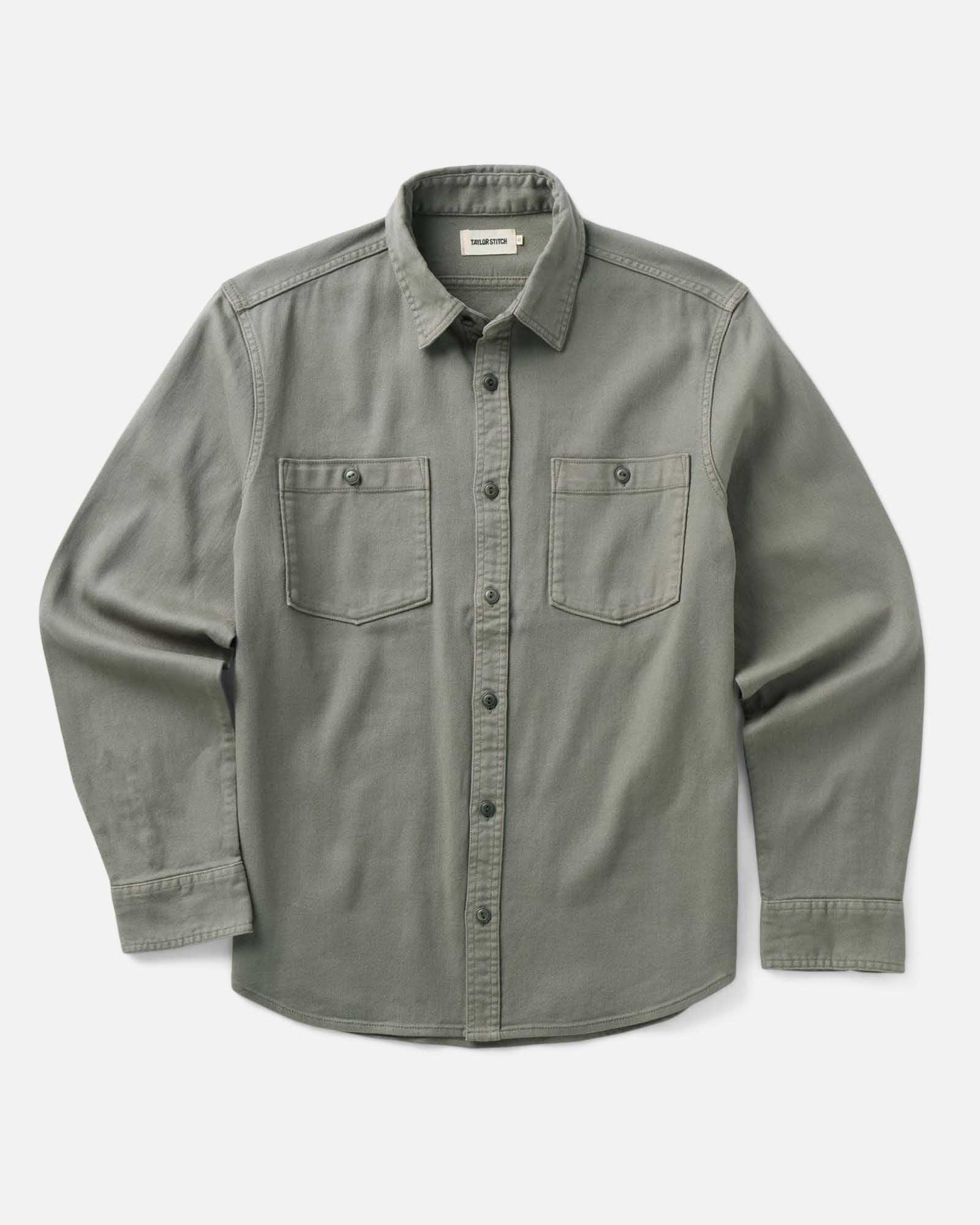 flatlay of The Dispatch Shirt in Smoked Olive Broken Twill, Wovens by Taylor Stitch