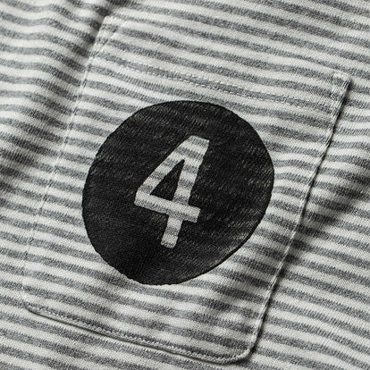 Close up shot of a screen-printed number 4 within a black circle.