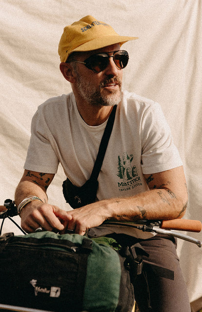 Our guy in The Organic Cotton Tee in Trail Buddies