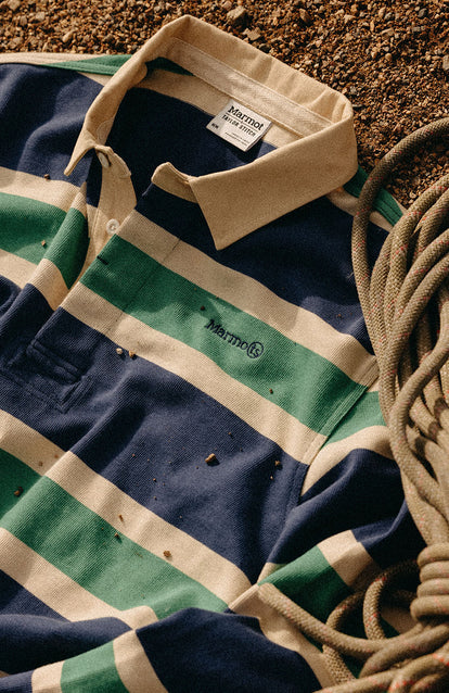 The Rugby Shirt in Navy Stripe on the ground