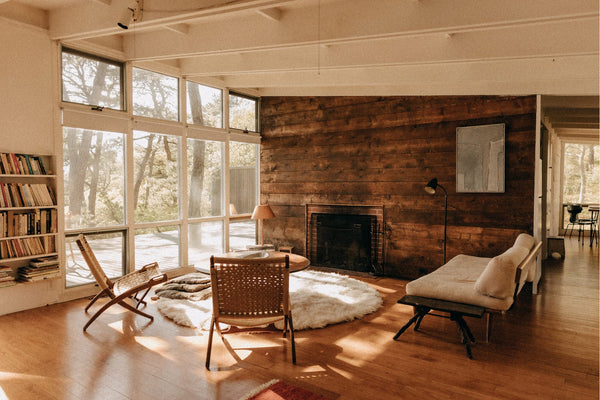 Warm, wooden interior of the living room at the Lechay House