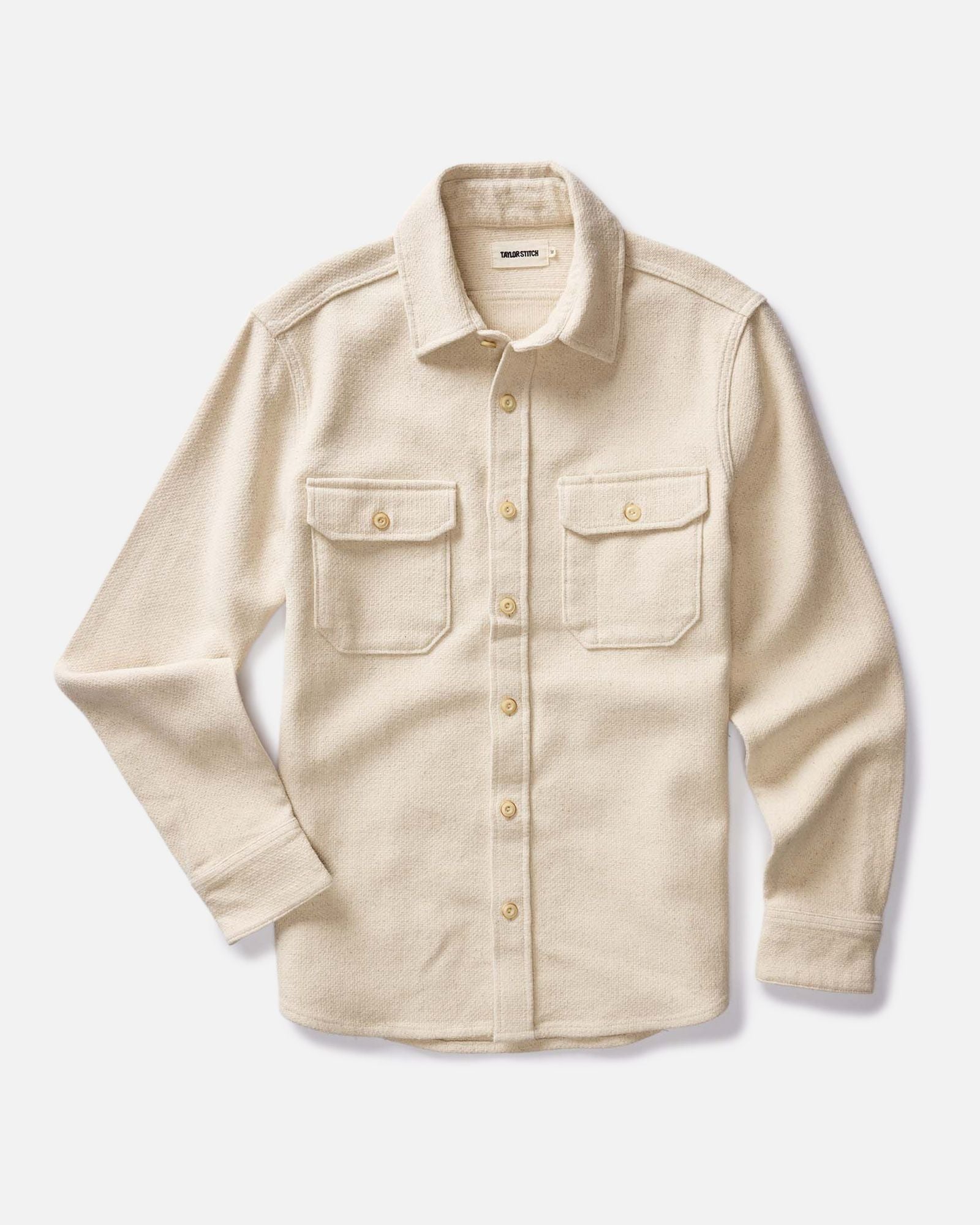 fit model walking in The Division Shirt in Birch, Wovens by Taylor Stitch