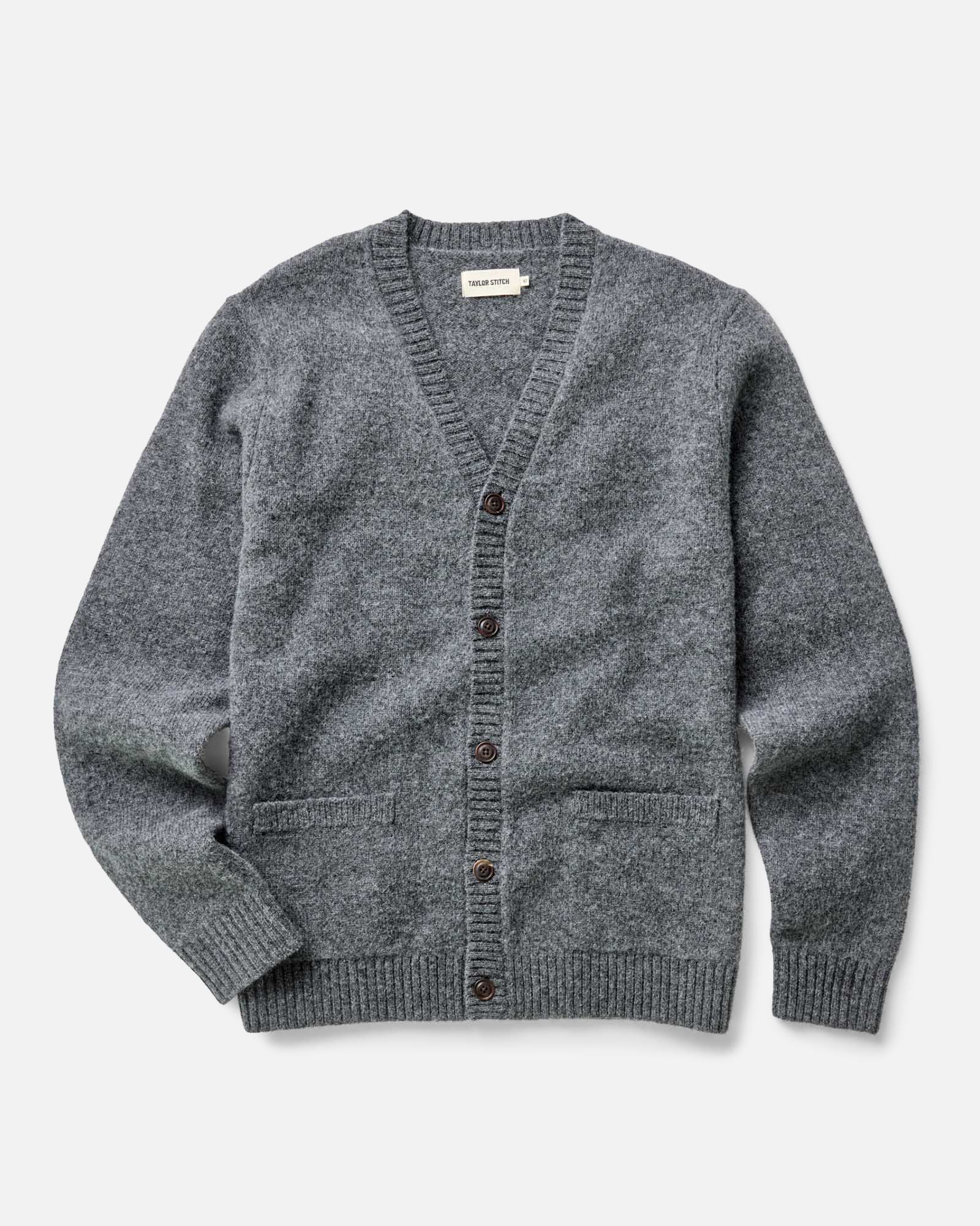 flatlay of The Eastmoor Cardigan in Heather Graphite Wool, Knits by Taylor Stitch