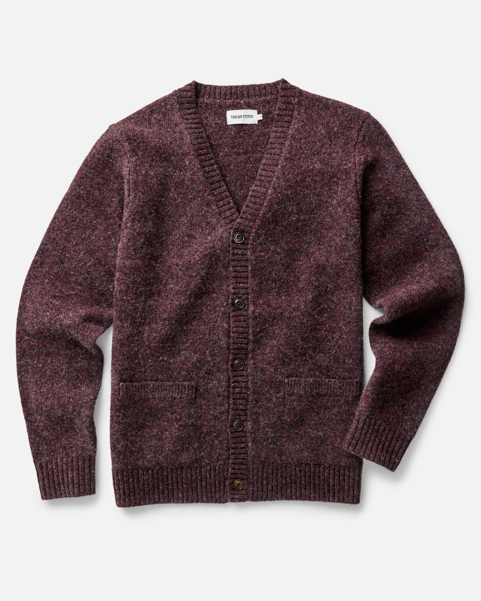 flatlay of The Eastmoor Cardigan in Heather Port Wool, Knits by Taylor Stitch
