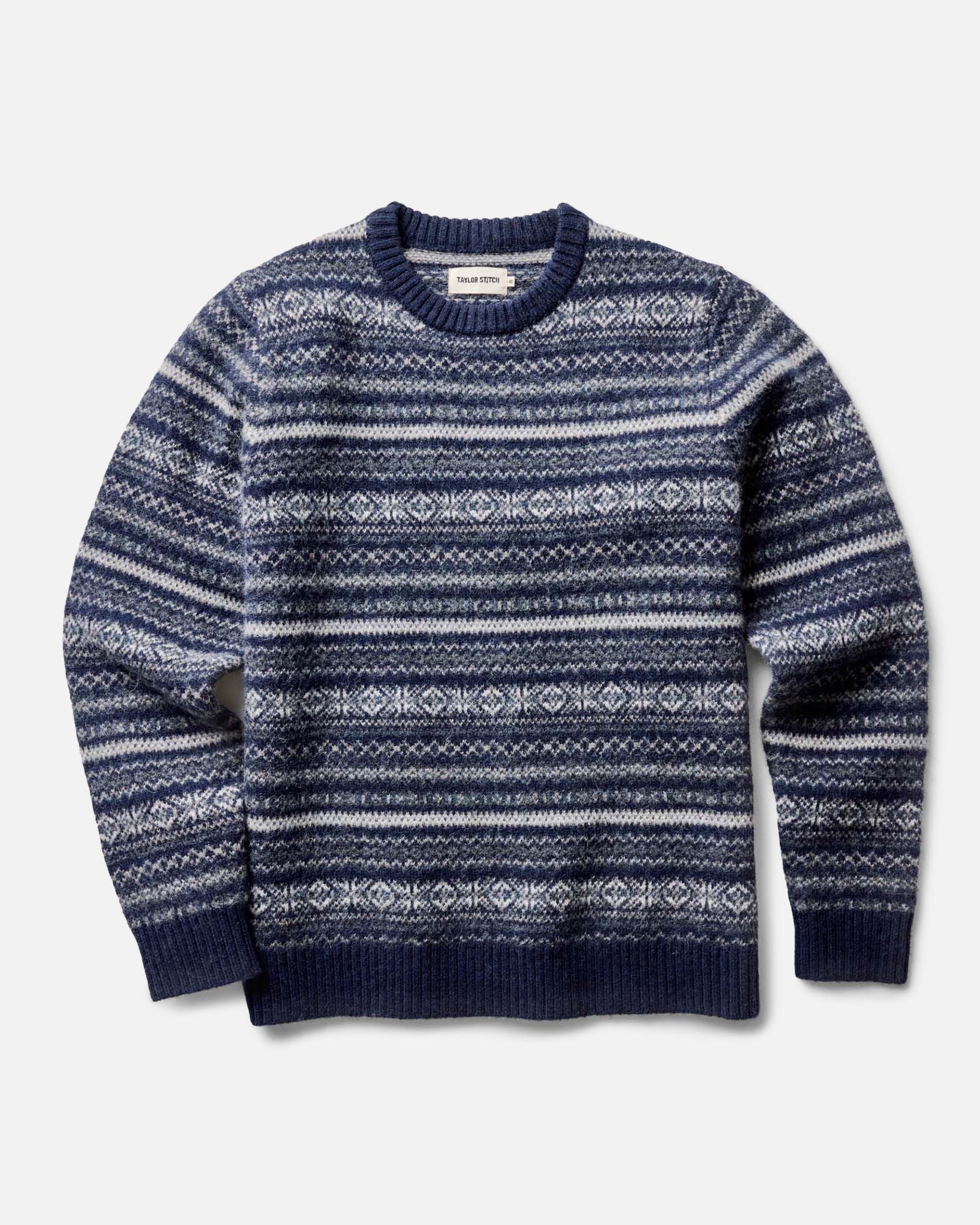 flatlay of The Eastmoor Sweater in Navy Fair Isle Wool, Knits by Taylor Stitch