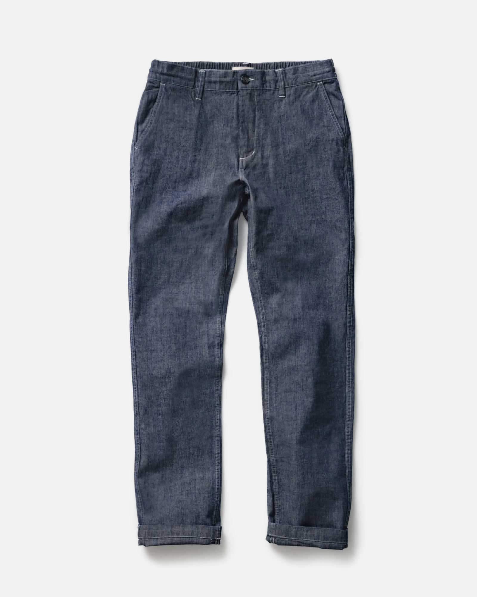 flatlay of The Easy Pant in Washed Indigo Chambray, Bottoms by Taylor Stitch